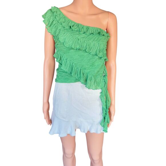 NWT Zara Size L Green Ruffled Asymmetrical One-Shoulder Crop Top Vacation - Picture 1 of 5